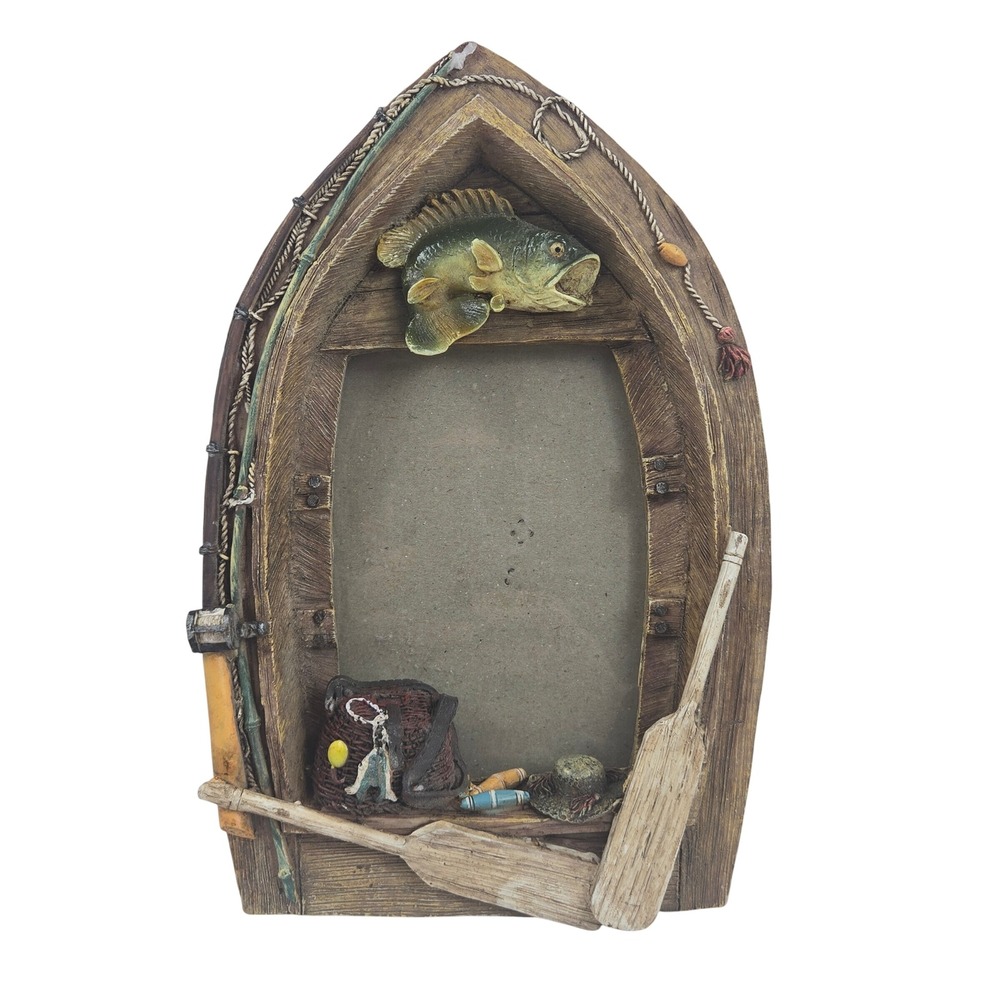 Vtg Fishing Photo Frame Resin 3D Boat Shape w Lake House Decor